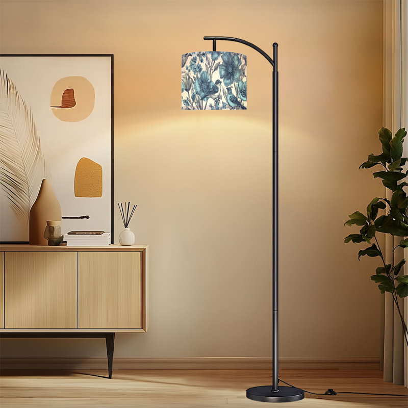 Lampe sur pied à arc avec abat-jour réglable Spring Vintage sans soudure fleurs oiseaux bleu blanc rétro lampe sur pied 3 températures de couleur à intensité variable haute lampe sur pied avec interrupteur au pied pour la chambre à coucher