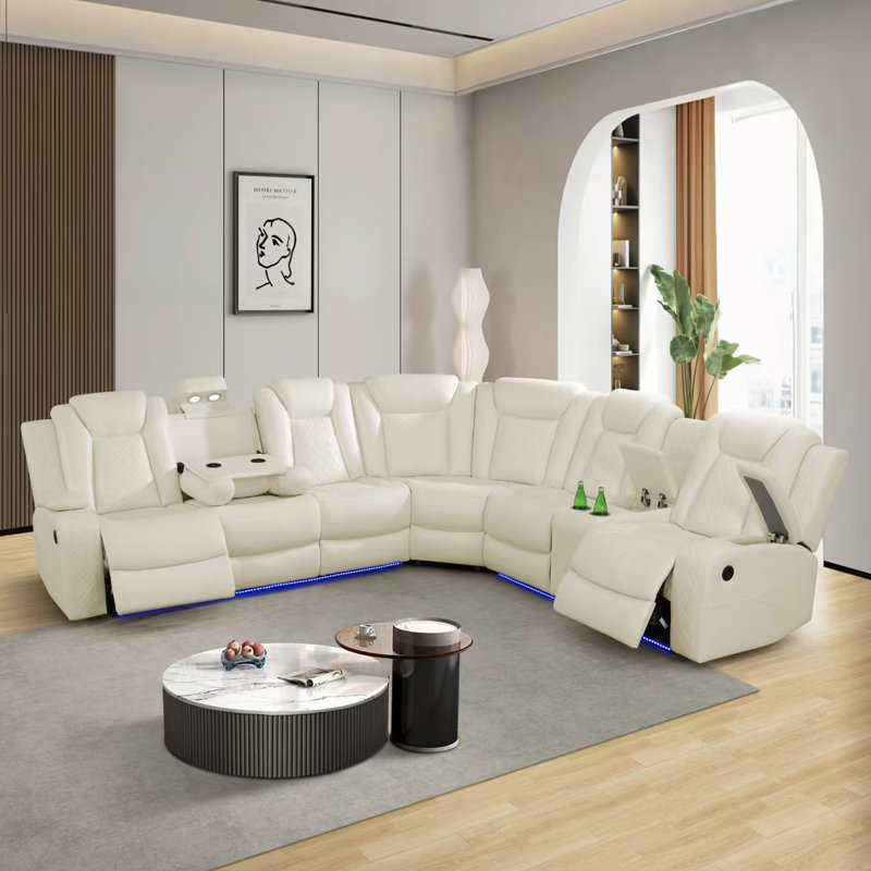 3-Pieces 210" Breathing Leather Power Reclining Theater Sectional With LED Lighting (Set of 3), White  Faux Leather