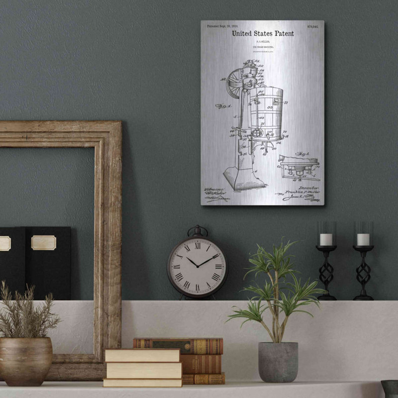 " Ice Cream Machine Blueprint Patent White " by Patents, 16" H x 12" W