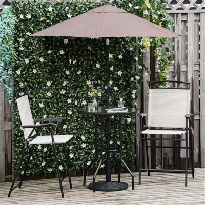 Outdoor Patio Dining - 4 Piece. 2 Foldable Chairs, Adjustable Umbrella, Tempered Glass Table In Beige. Enhance Your Deck, Poolside, Garden. Strong Steel & Quick-drying Mesh Piece . Folding Table.