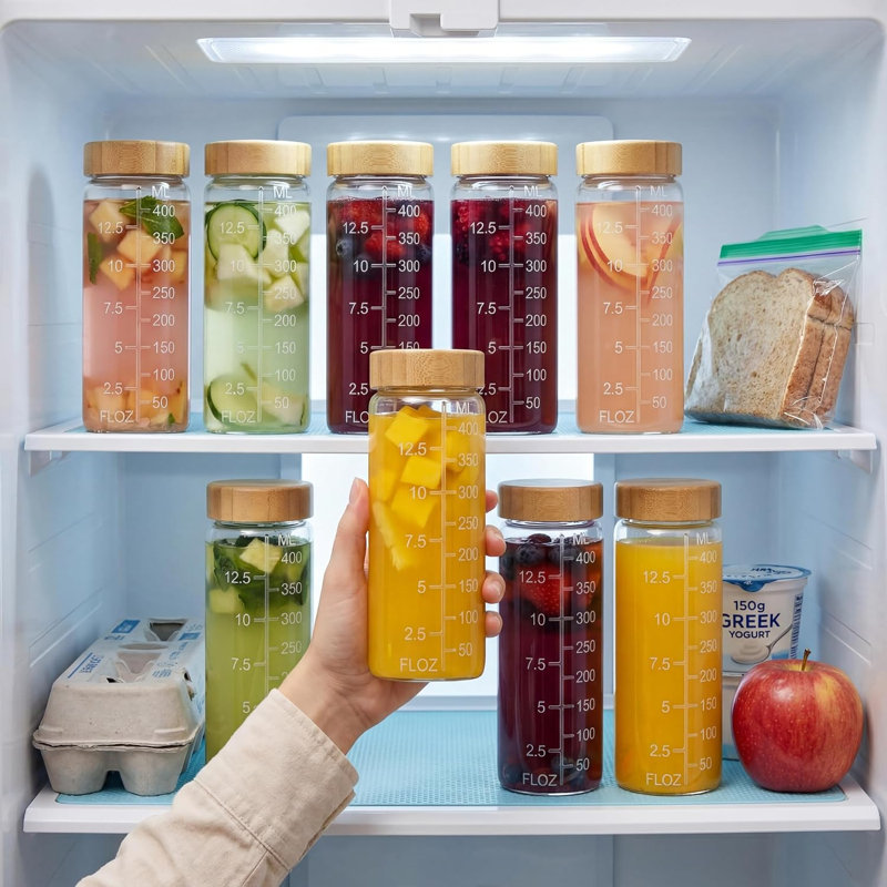 Bouteilles à jus rondes en verre de 473 ml (16 oz) avec couvercles hermétiques en bambou, réutilisables, ensemble de 9

Bouteilles en verre