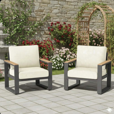 Set of 2 All-Weather Aluminum Patio Armchairs with Thick Beige Cushions, 28.6"