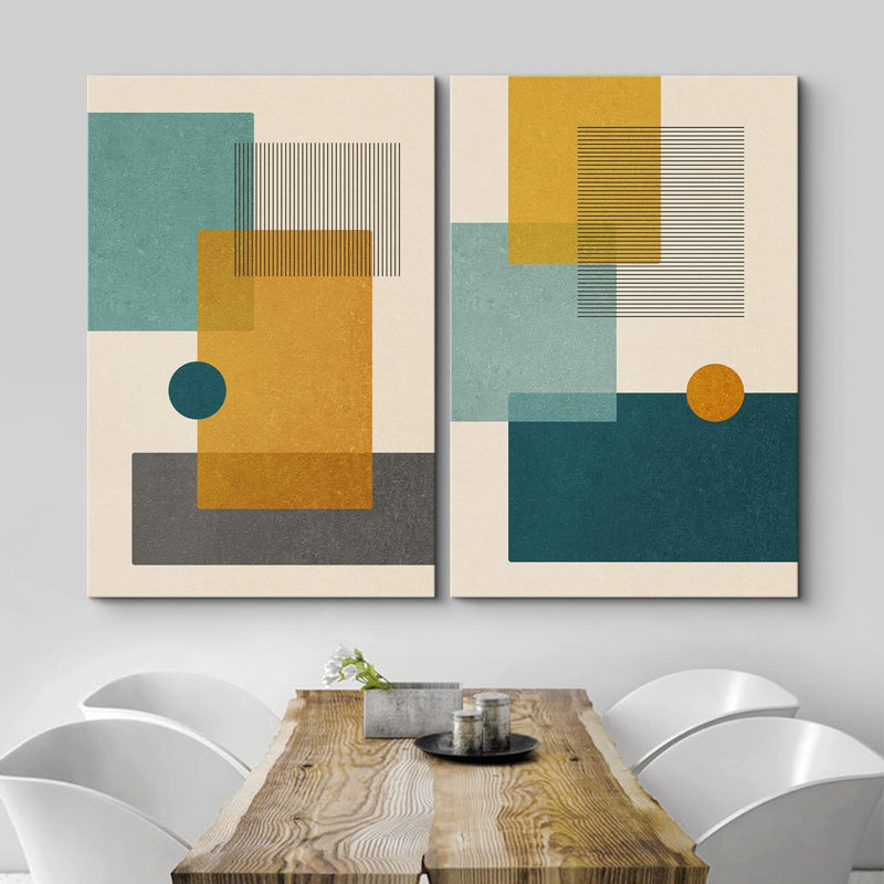Abstract Vibrant Color Blocks " Teal And Yellow Polygon Abstract Shapes Modern Chic " 2 - Pieces, Wrapped Canvas