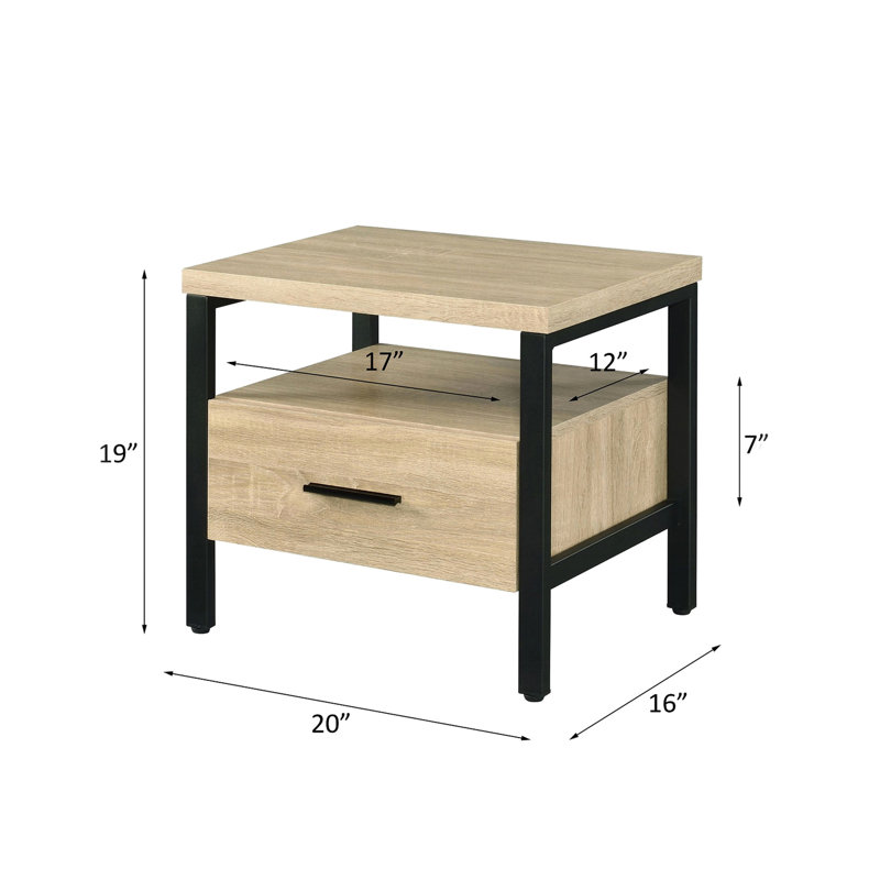 Table de chevet en chêne rustique et noir avec tablette de tiroir, 1 pièce, style industriel