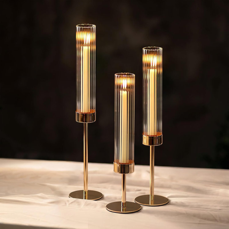 Elegant Gold Candlestick Holders Set Of 3 With Ribbed Glass Sleeves - Hurricane Candle Holders For Centerpiece, Table, Fireplace, And Living Room Decor
