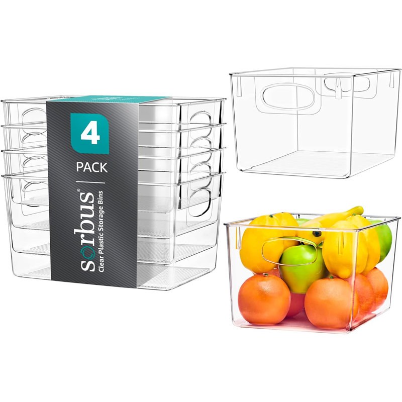 Sorbus Large Plastic Kitchen, Pantry, and Fridge Storage Bins with Handles 4 Pack