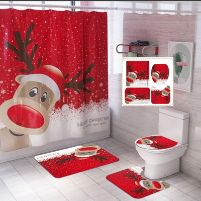 Ensemble de rideau de douche de Noël à séchage rapide quatre pièces, rouge et renne