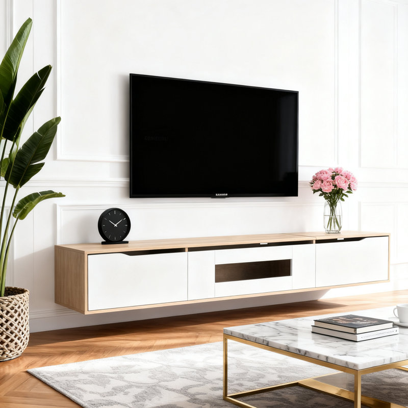 Meuble télé avec surface ultrabrillante, Naturel / Blanc