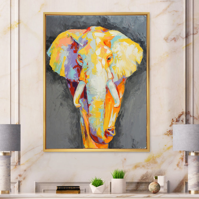 Peinture, portrait d'éléphant II - œuvre d'art moderne sur toile, H 20 po x l 12 po x P 1 po, Toile à cadre flottant doré