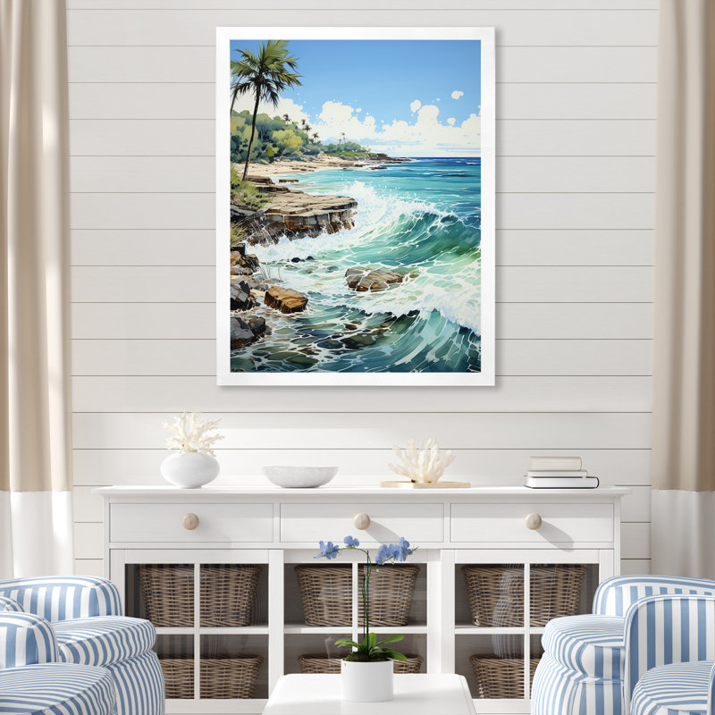 «Azure Seascape Palms Horizon III», reproduction sur toile, Cadre blanc, H 40 po x l 30 po x P 1,5 po