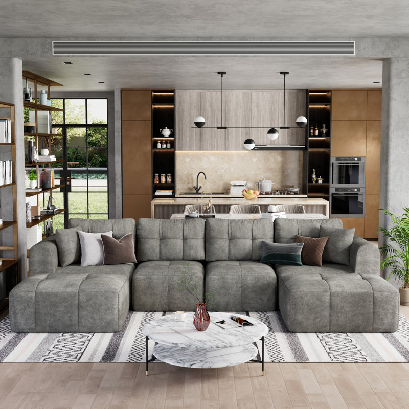 140" U-Shaped Sectional Sofa, 4 Seat Modular Cloud Couch Boneless With 2 Convertible Ottomans & Deep Seat, Modern Chaise Lounge For Living Room, Chenille, No Assembly Required