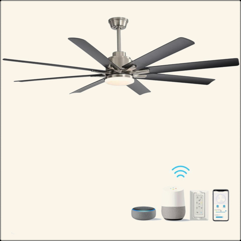 Grand ventilateur de plafond de 66 pouces avec lumière à DEL à intensité variable et 8 pales en ABS avec moteur à courant continu réversible et intelligent pour le salon