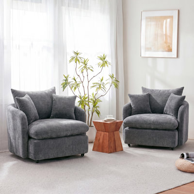 Fauteuil d'appoint ergonomique en chenille pivotant à 360 °, fauteuil en tonneau confortable avec base en métal robuste, fauteuil de lecture rotatif pour le salon, la chambre à coucher et les petits espaces, capacité de poids de 300 lb