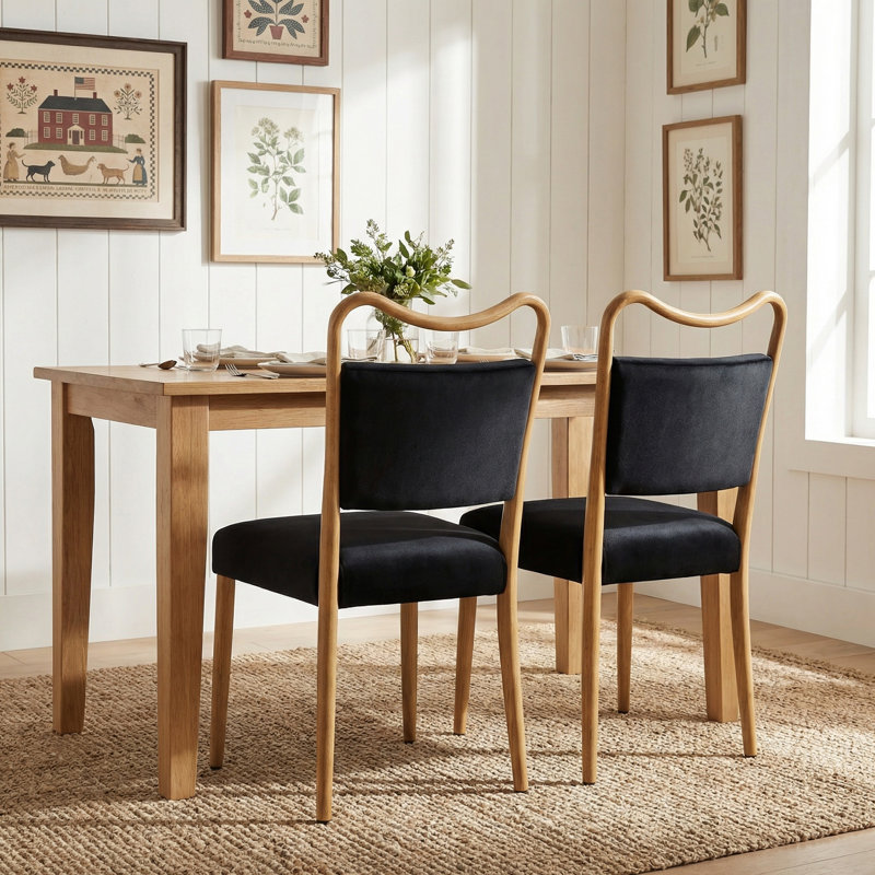 Mid-Century Velvet Dining Chair Set with Wood-Grain Metal Frame, 2, Black