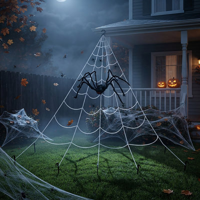 Décoration d'Halloween géante en forme de toile d'araignée avec grande fausse araignée, mini-araignées, toile triangulaire et toiles d'araignée, décor effrayant pour jardin, pelouse et porche