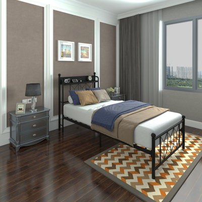 Cadres de lit simple, tête de lit et station de charge et lumière DEL pour la chambre à coucher, solide et stable, sans bruit, aucun sommier requis, assemblage facile