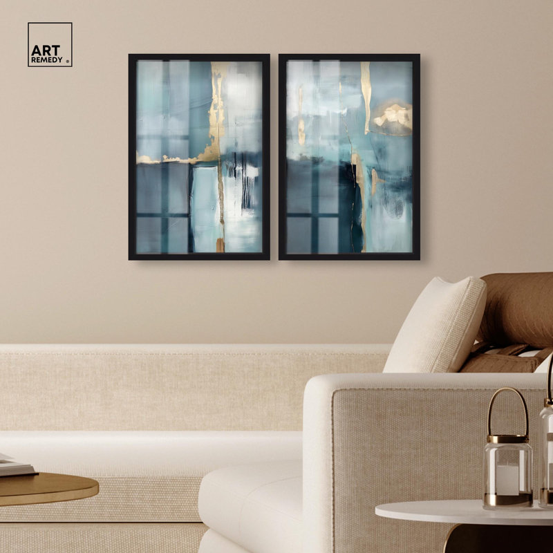 Ensemble de 2 panneaux dorés de luxe bleu , Noir, H 25 po x l 17 po