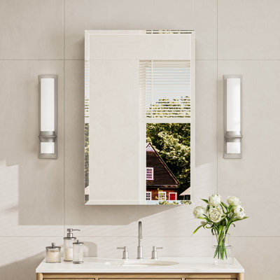 Recessed or Surface Mount Aluminum Beveled Frameless Medicine Cabinet With Mirrored Door and Adjustable Shelves