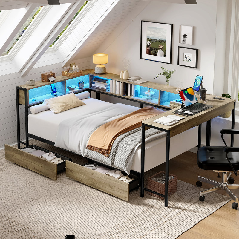 Corner Bed Frame Full Size With Bookcase And 2 Underbed Storage Drawers, Modern Full Bed With Led Light And Charging Station, Modern Daybed ,Left And Right Interchangeable, Grey