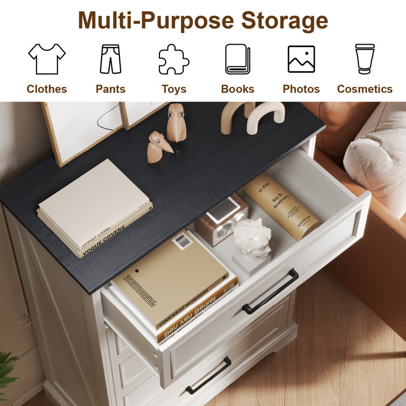 Farmhouse 5 Drawers Dresser Chests For Bedroom, 46" Tall Wood Rustic Chest Of Drawers With Wide Metal Handle, White/Black