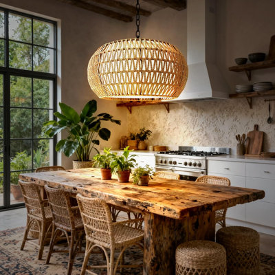 Lustre 5 lumières en rotin bohème pour salle à manger, luminaires de style maison de campagne 19 "avec abat-jour en tissu, grand luminaire suspendu tissé à la main pour îlot de cuisine, salon