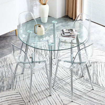 Table And Chair Set.A 38.6" Transparent Tempered Glass Round Dining Table-Silver Metal Legs.Paired With High Resilience Dining Chair