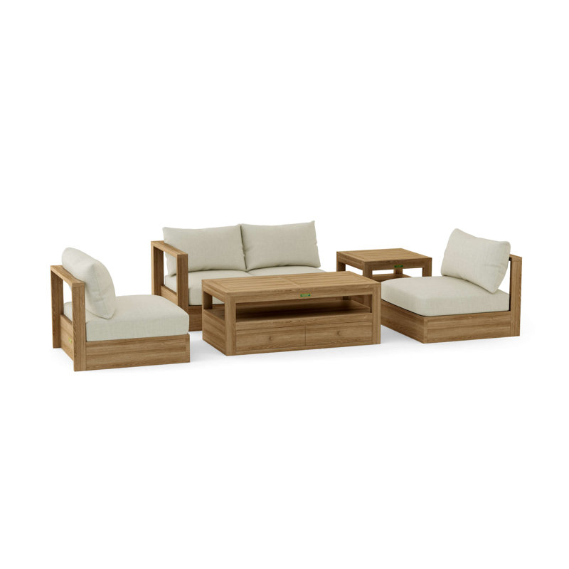 Ensemble de conversation d'extérieur en osier pour 4 personnes avec coussins, Toile naturel
