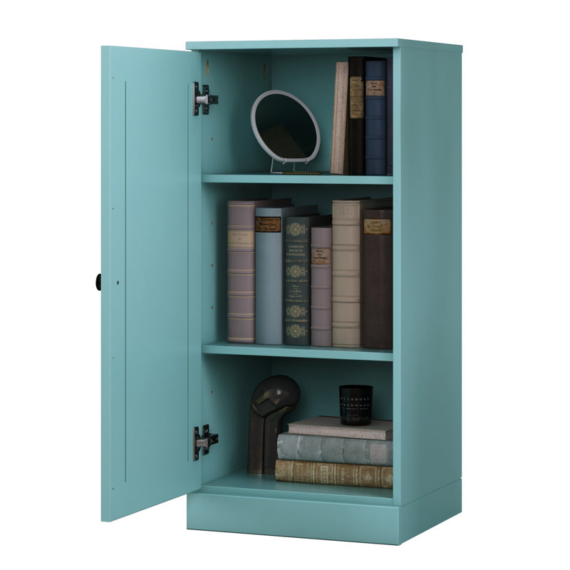 Bibliothèque 100% bois massif à 3 tablettes avec porte pleine et tablettes réglables, Turquoise