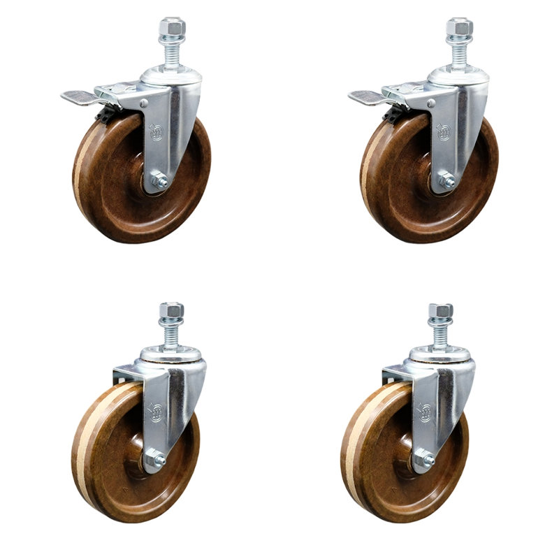 5 Inch SS High Temp Phenolic ½ Inch Threaded Stem Caster Set 2 Total Lock Brake