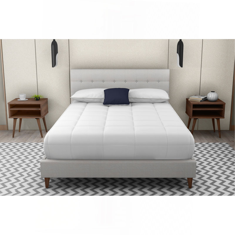 Lit tapissier avec 2 tables de chevet, Beige, Très grand lit