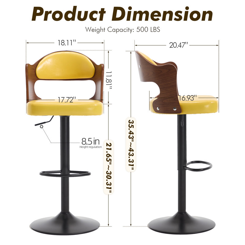 Modern Swivel Bar Stools Set Of 4, Wooden Upholstered Pu Leather Barstools With Back & Footrest, Counter Height Bar Chairs For Kitchen Island