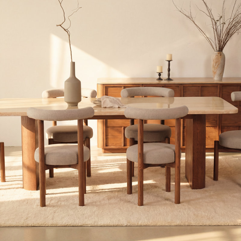 Ovelo 96" Travertine Dining Table with Oak Double Pedestal Base, Large Rectangular Kitchen Table - Brown