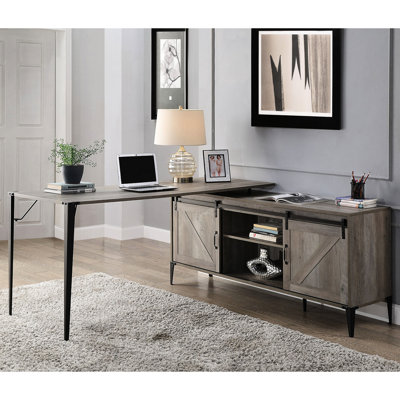 Bureau d'écriture en L avec armoire en chêne gris et noir - Fonction d'économie d'espace grâce aux portes de grange coulissantes, processus d'assemblage facile, structure en métal composite, 6 compartiments de rangement pour l'organisation idéale