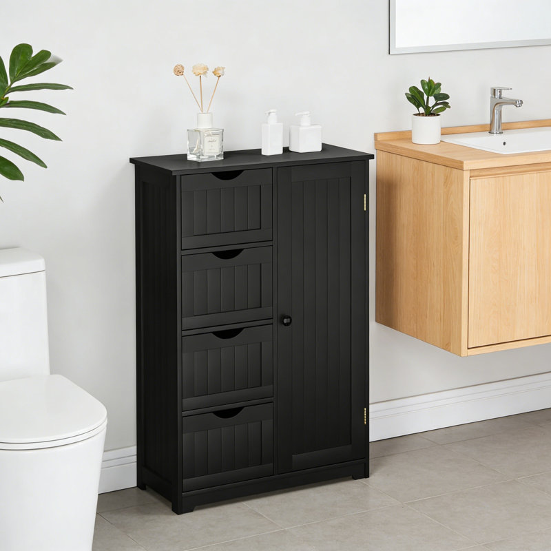 Wooden Bathroom Storage Cabinet With 4 Drawers, Adjustable Shelf, For Multiple Rooms, Black