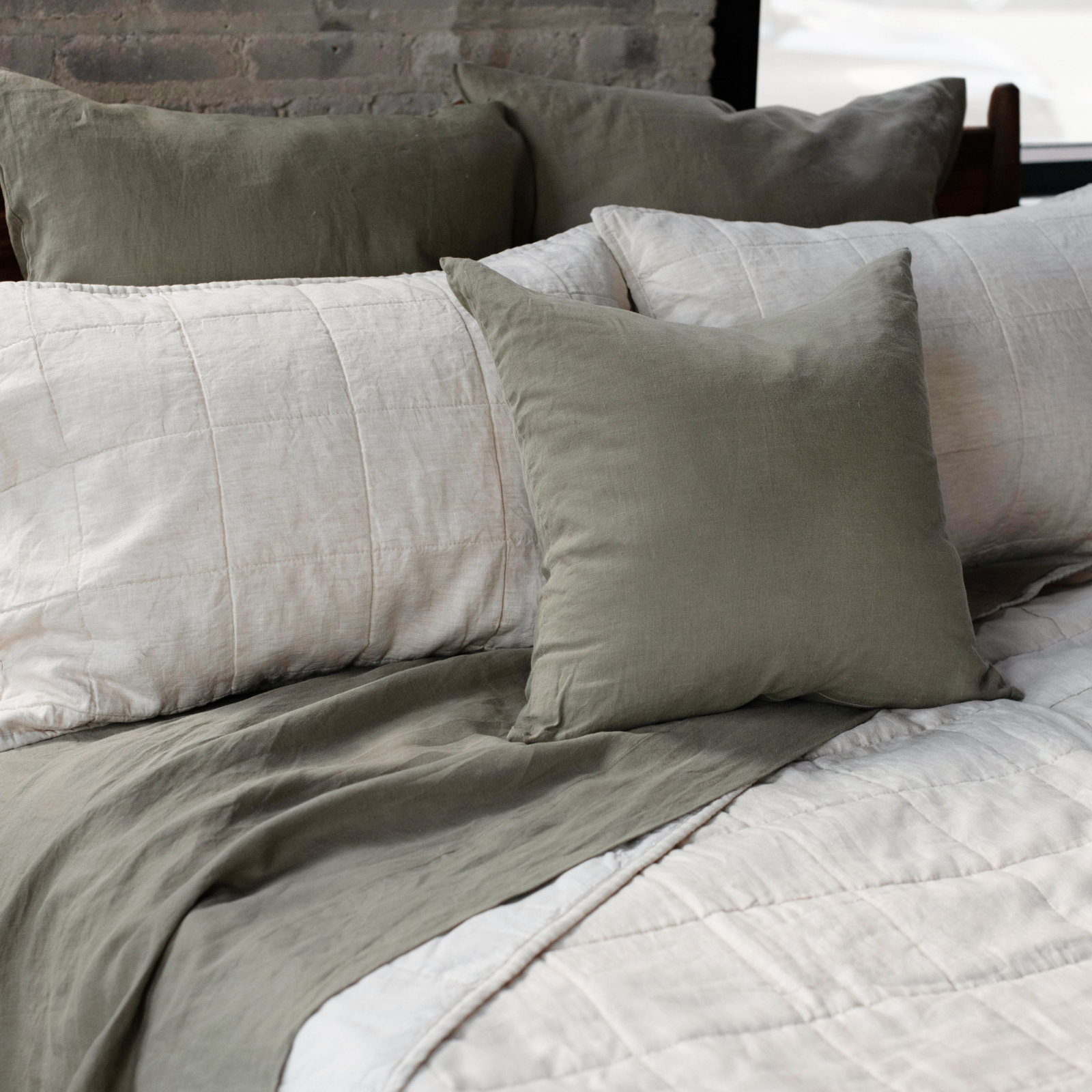French Linen Box Stitch Quilted Sham Set, King, Putty Heather