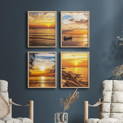 «Vibrant Tropical Beach Shore Sunset Island», ensemble de 4 impressions murales colorées, impression encadrée sur papier, 4 pièces