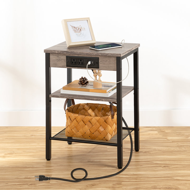 Romar 21.7'' Tall End Table with Built-In Outlets, Gray/Black