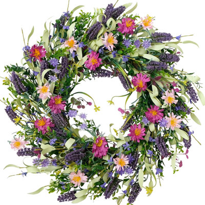 Couronne de printemps printanière florale pour porte d'entrée avec couronne de lavande colorée artificielle et marguerite avec feuilles vertes, décor de ferme pour mur de fenêtre intérieur / extérieur