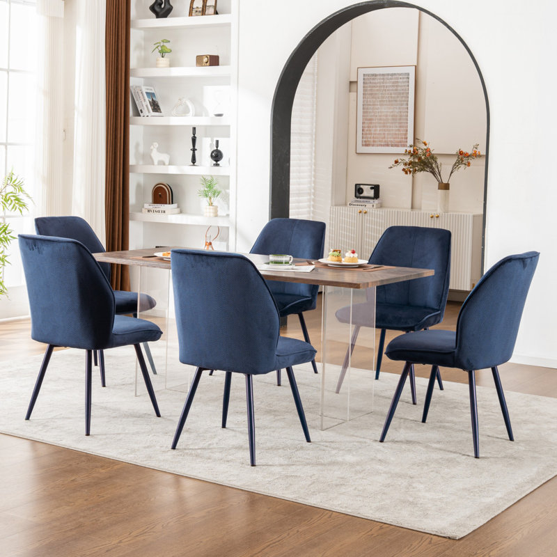 Monno Chenille Upholstered Dining Chairs Armless Side Chairs With Metal Frame, Blue, 6, Blue
