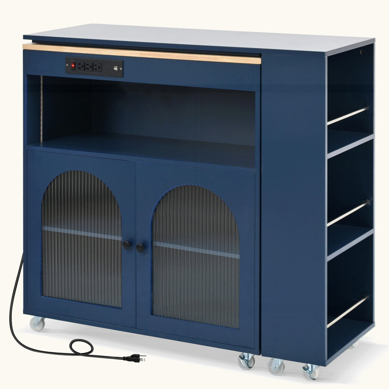 Navy Blue Rolling Kitchen Island with Fluted Glass Doors