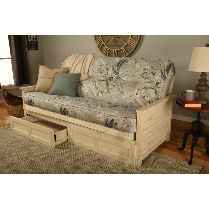 Futon double avec matelas avec rangement Emmiliano, Blanc patiné, 100% polyester de pluie Takara