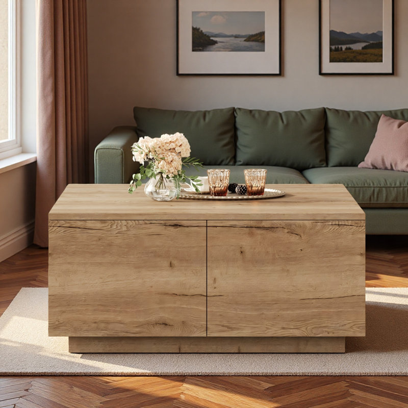 Table basse moderne carrée avec 4 tiroirs, Naturel