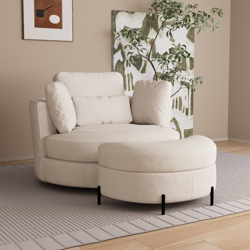 49.6" W Oversized Modern Swivel Accent Chair With Pillows And Ottoman, Beige
