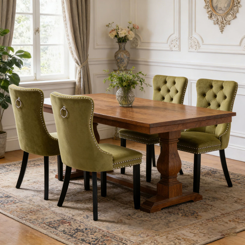 Chaise rembourrée en bois massif, Vert olive