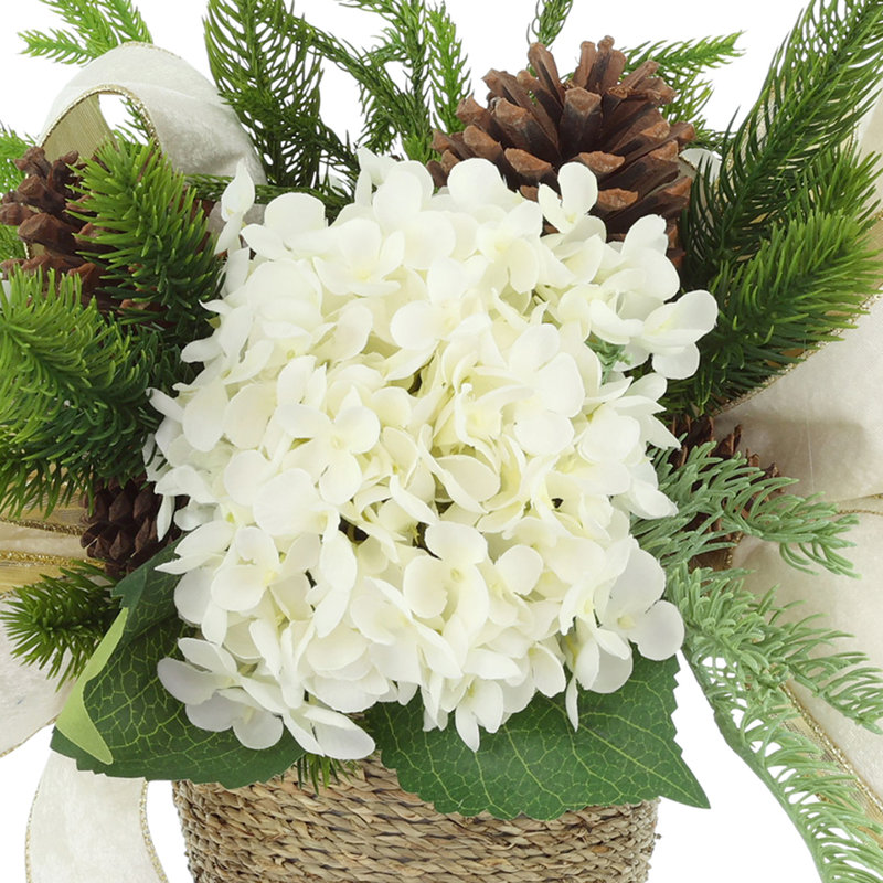 Holiday Hydrangea Arrangement with Evergreen and Bows in Rope Pot, White/Cream