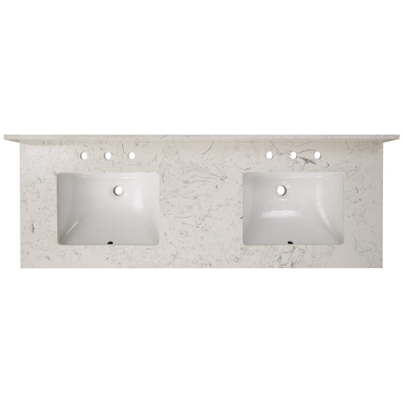 61 in. White Marble Bathroom Vanity Top with Double Sinks