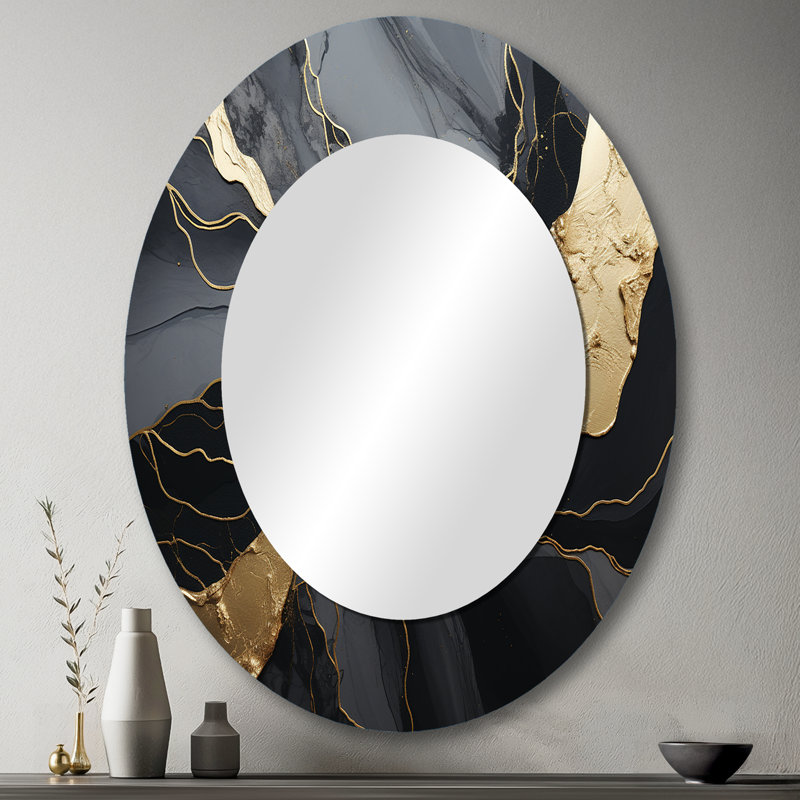 Minimalism Chrome Black And Gold Poteries - Abstract Oval Decorative Mirror On Metal, 43" x 33"