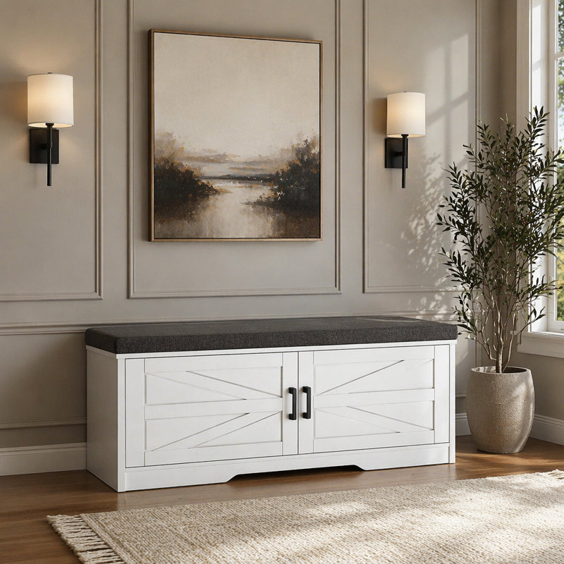 Banc de rangement à 2 niveaux avec siège rembourré, 2 portes de grange et tablettes réglables pour l'organisation du vestibule