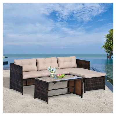Ensemble de meubles de patio 3 pièces Outsunny, ensemble de canapé d'extérieur en rotin avec méridienne et causeuse, coussins moelleux, table en verre trempé, canapé modulaire en L, beige