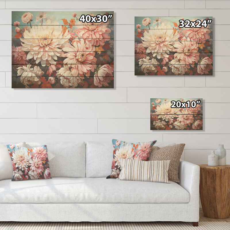 Chrysanthèmes rose et blanc - collage, art mural en bois de chênes, H 30 po x l 40 po